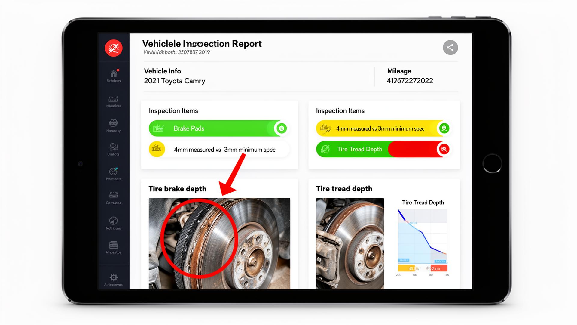 GarageInsight vehicle inspection report showing VIN details, brake measurements, and annotated photos
